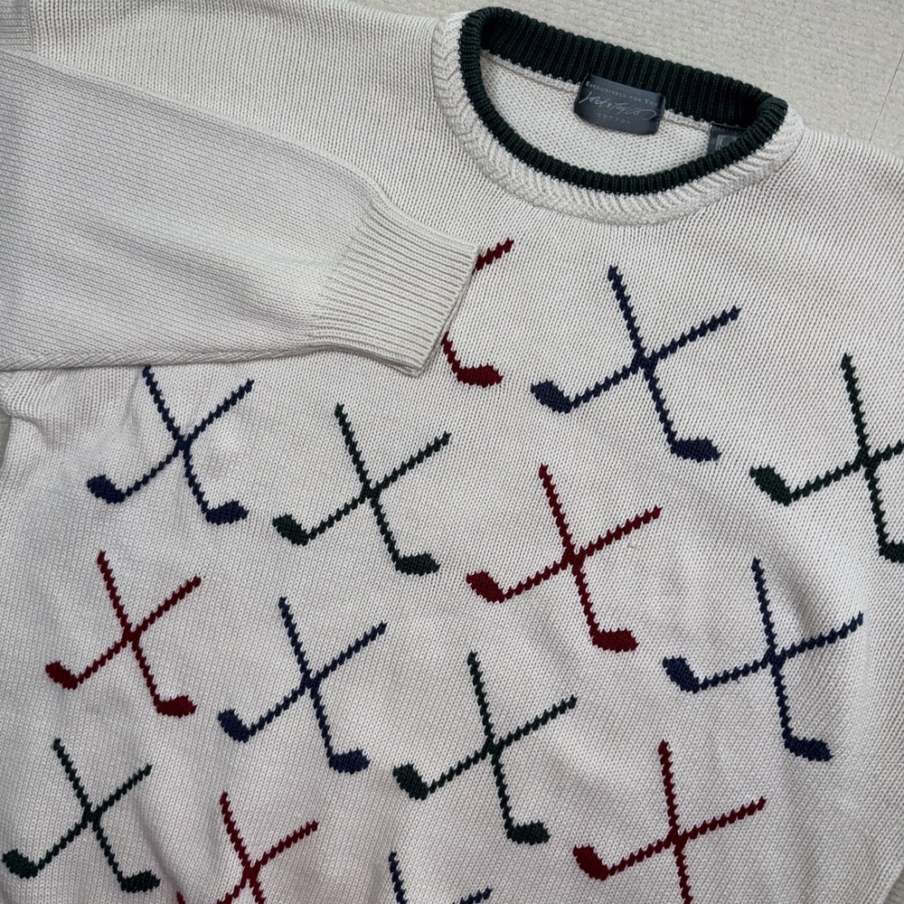 Lord & Taylor Golf Sweater Men's XL Cream‎ Cotton Knit Intarsia Club Pattern Vtg